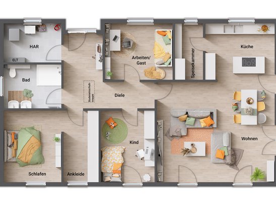 Grundriss Bungalow 131: Individuelle Variante mit Hauseingangsnische Grundriss des Bungalow 131 in der individuellen Variante 2, mit praktischer Hauseingangsnische, geräumiger Garderobe, Speisekammer direkt an der Küche und zwei großzügigen Schlafräumen.