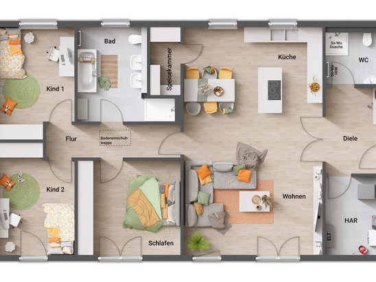 Grundriss Bungalow 131: Individuelle Variante mit Giebelseiteneingang Grundriss des Bungalow 131 in der individuellen Variante 1, mit Eingang von der Giebelseite, optimaler Trennung von Eingangs-, Wohn- und Privatbereich, einer großen Diele mit Garderobe, geräumigem Wohnbereich und gleich großen Kinderzimmern.