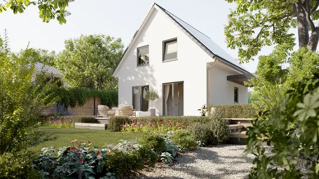 Das Raumwunder 90 mit Blick vom Garten auf das Einfamilienhaus