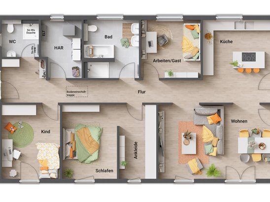 Grundriss Bungalow 131: Individuelle Variante mit Eingang an der kurzen Hausseite Grundriss des Bungalow 131 in der individuellen Variante 3, mit Eingang an der kurzen Hausseite, großzügiger Garderobe, Wohnbereich am Ende des Hauses, offener Küche als zentralem Wohnbereich, Schlafzimmer mit angrenzender Ankleide, Speisekammer nahe der Küche, markantem Flur im 'Catwalk'-Stil, zwei komfortablen Schlafräumen und einem durchdachten Badezimmer.