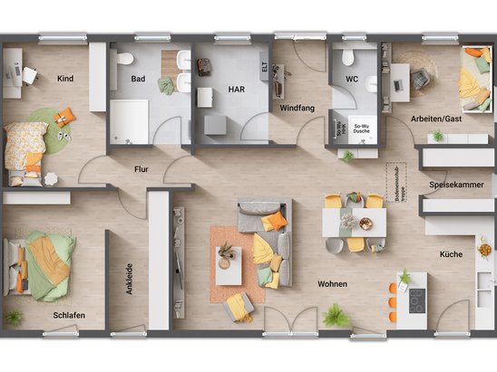Grundriss Bungalow 131: Individuelle Variante mit großzügiger Diele Grundriss des Bungalow 131 in der individuellen Variante 4, mit einer einladenden, großzügigen Diele, einem komfortablen Hauswirtschaftsraum, zwei geräumigen Schlafräumen für maximale Entspannung, einem lichtdurchfluteten Wohnbereich und einem modernen Bad mit großer, bodengleicher Dusche statt Badewanne.